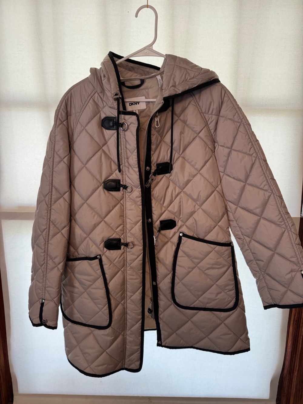 DKNY Taupe Quilted Hooded Puffer Coat with Black Trim